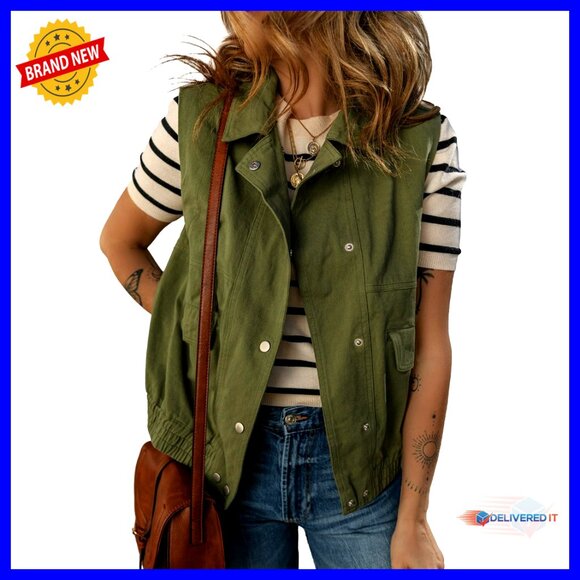Women's Cotton Cargo Vest Sleeveless Jacket Boxy Fit Elastic Hem Casual